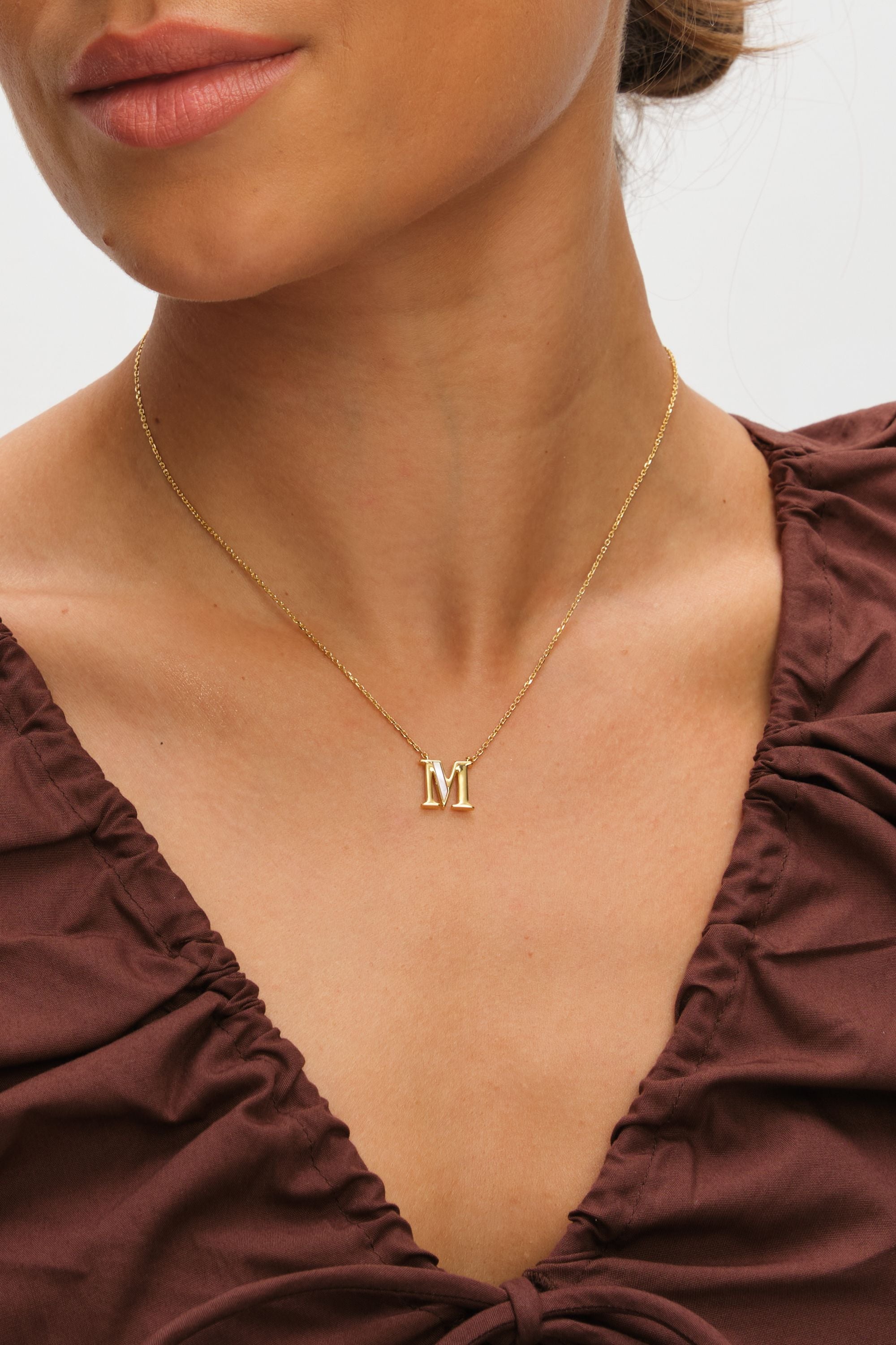 Inicio 14K Gold Plated and Mother of Pearl Initial Pendant - M - Gift Pouch image 2