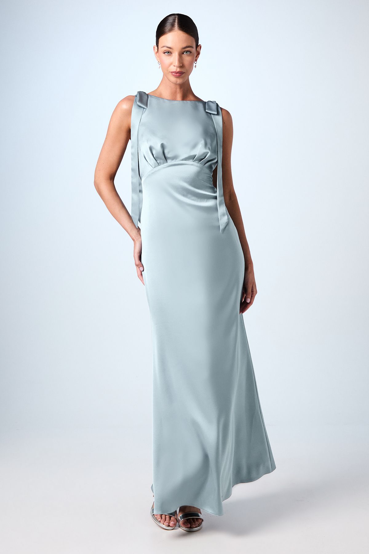 Coast Coast Honoured Sleeveless High Neck Tie Shoulder Satin Maxi Bridesmaid Dress Dusty Blue image 1