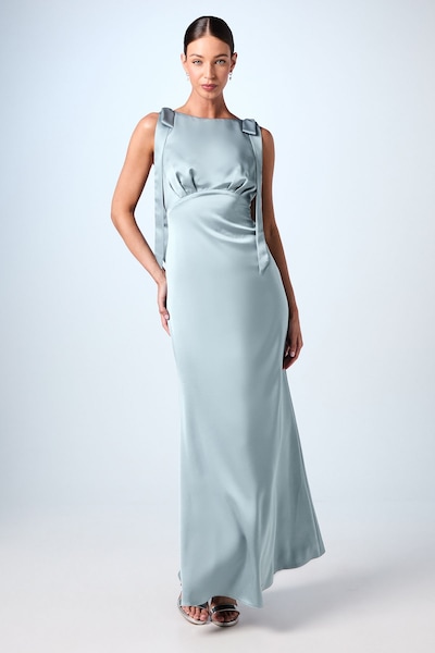 Coast Coast Honoured Sleeveless High Neck Tie Shoulder Satin Maxi Bridesmaid Dress Dusty Blue