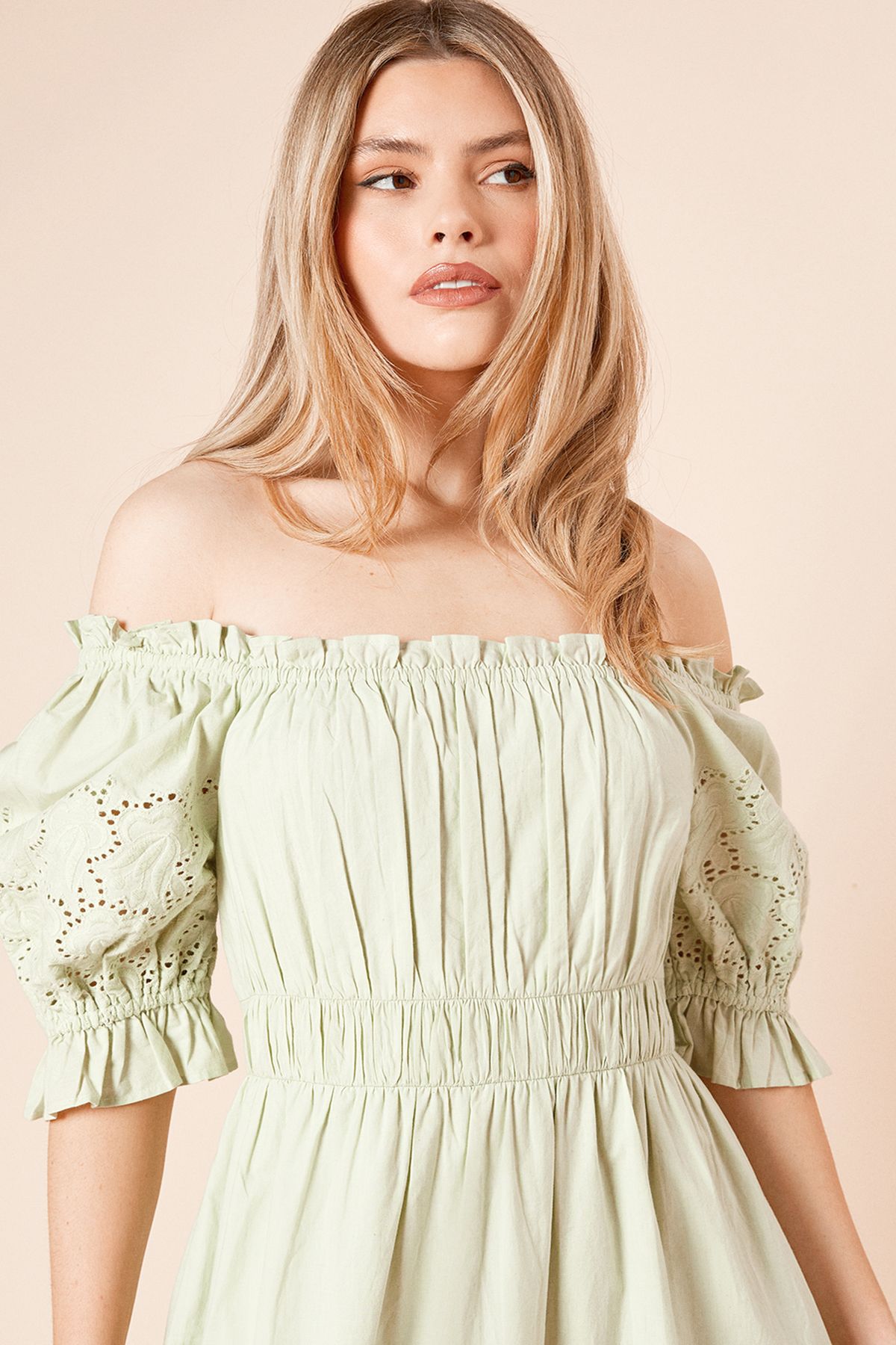 Dorothy Perkins Cut-work Sleeve Poplin Bardot Dress Mint image 2