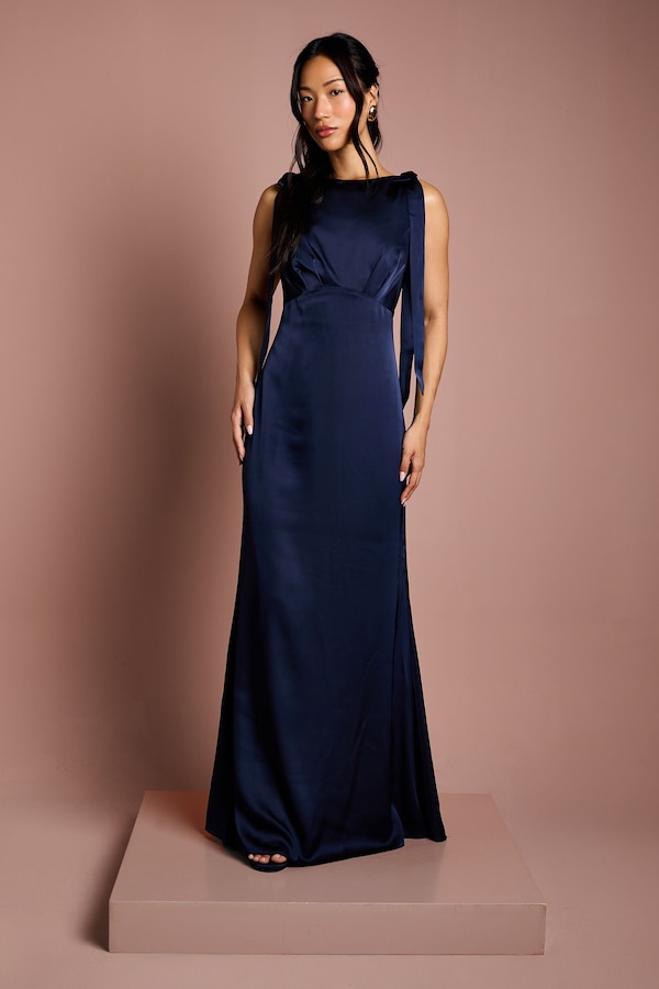 Coast Coast Honoured Sleeveless High Neck Tie Shoulder Satin Maxi Bridesmaid Dress Navy