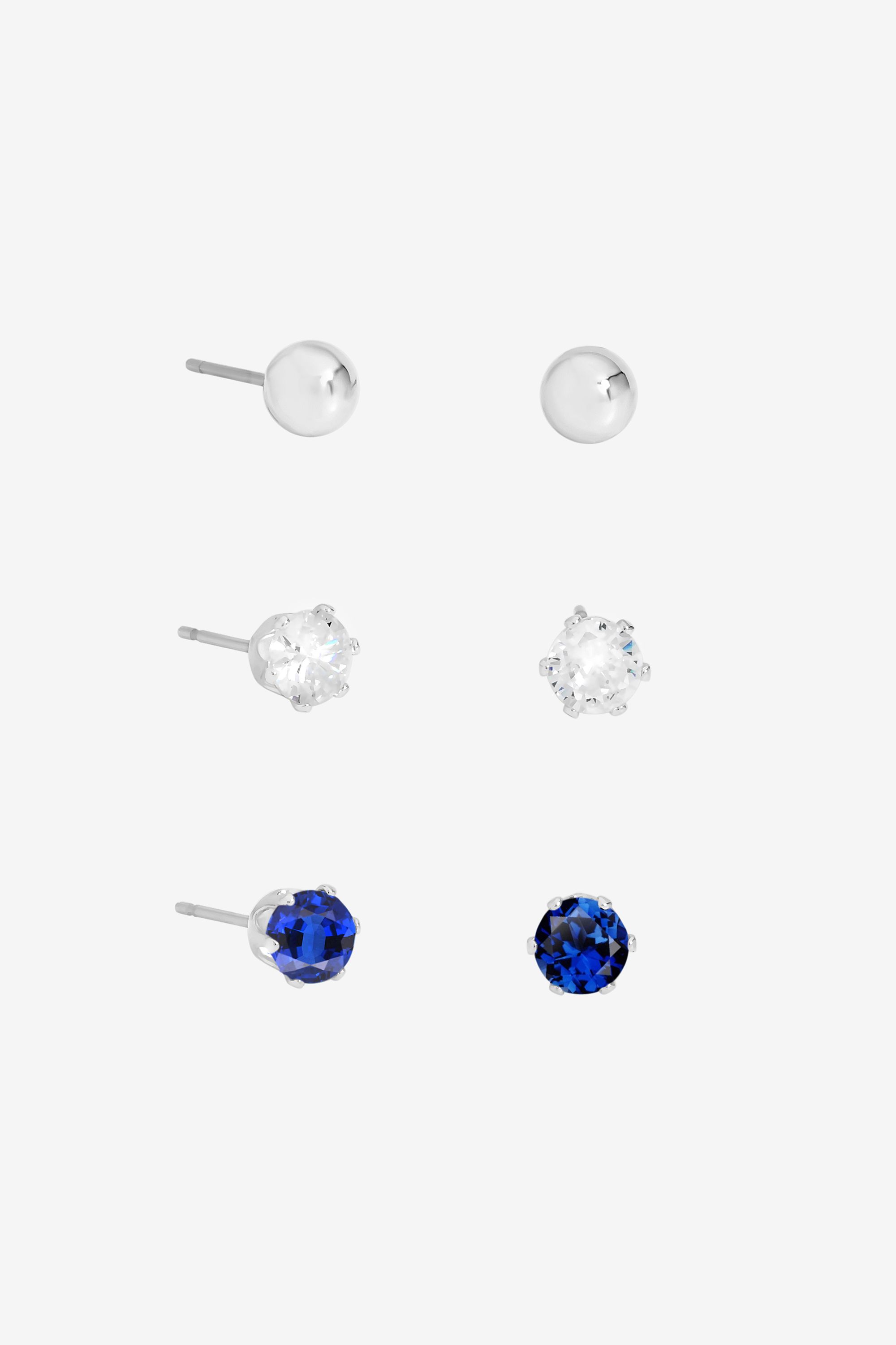 Mood Silver Polished, Crystal & Blue Stud Earrings - Pack of 3 image 1