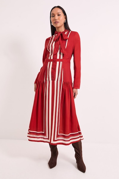 Principles Placement Print Tie Neck Yolk Detail Crepe Midi Dress Rust