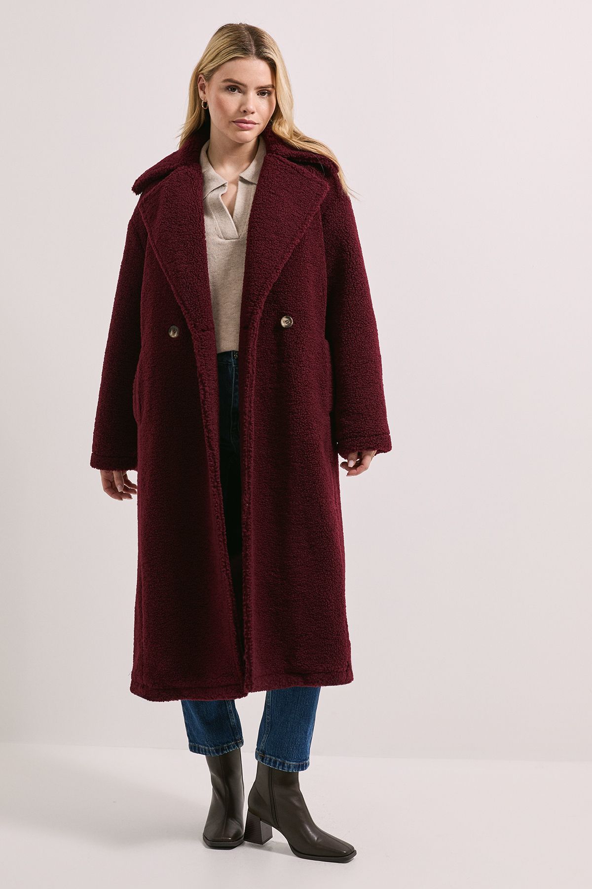 Dorothy Perkins Cosy Teddy Oversized Coat Burgundy image 1