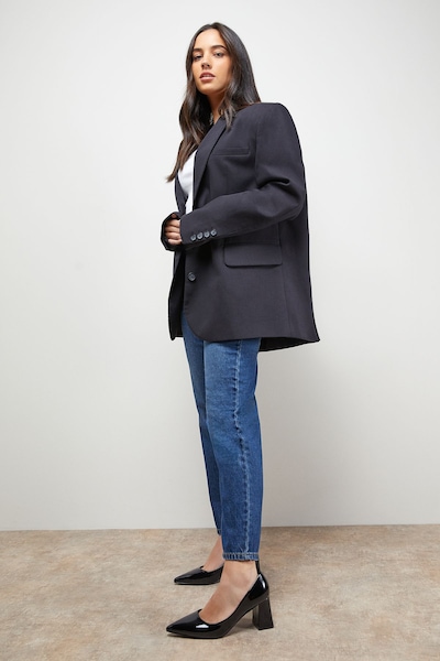 Oasis Val Faux Patent Leather Pointed High Block Heel Courts True Black