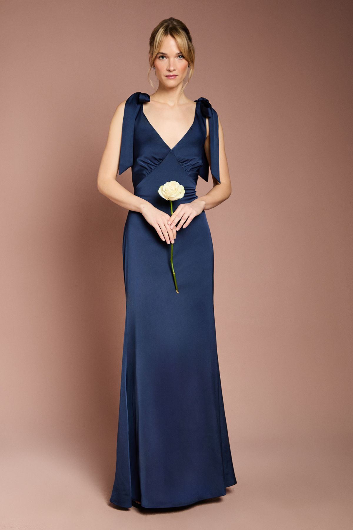 Coast Coast Honoured Satin Back Crepe V Neck Tie Shoulder Maxi Bridesmaid Dress Navy