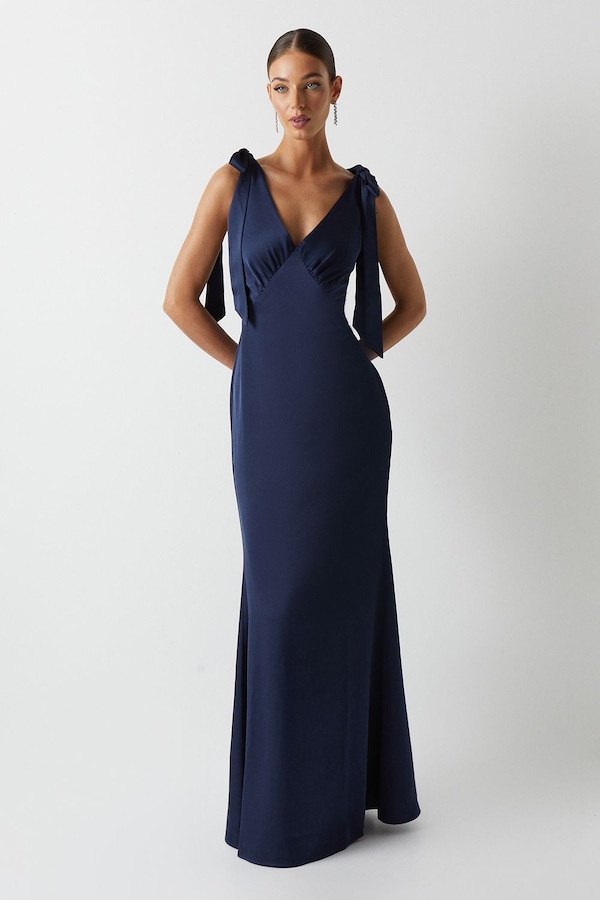 Coast Coast Honoured Satin Back Crepe V Neck Tie Shoulder Maxi Bridesmaid Dress Navy