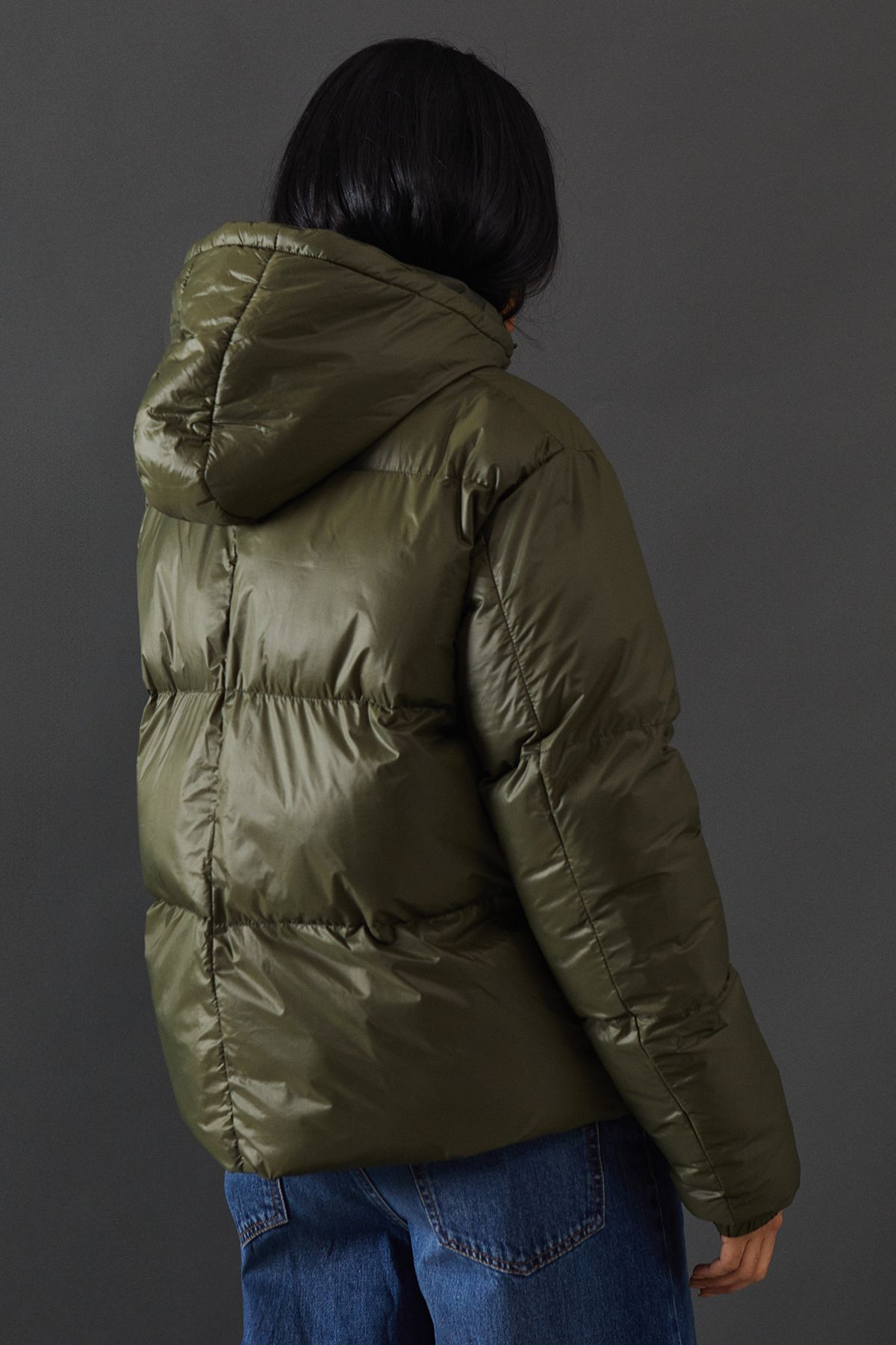 Warehouse Shiny Padded Puffer Coat Khaki image 3