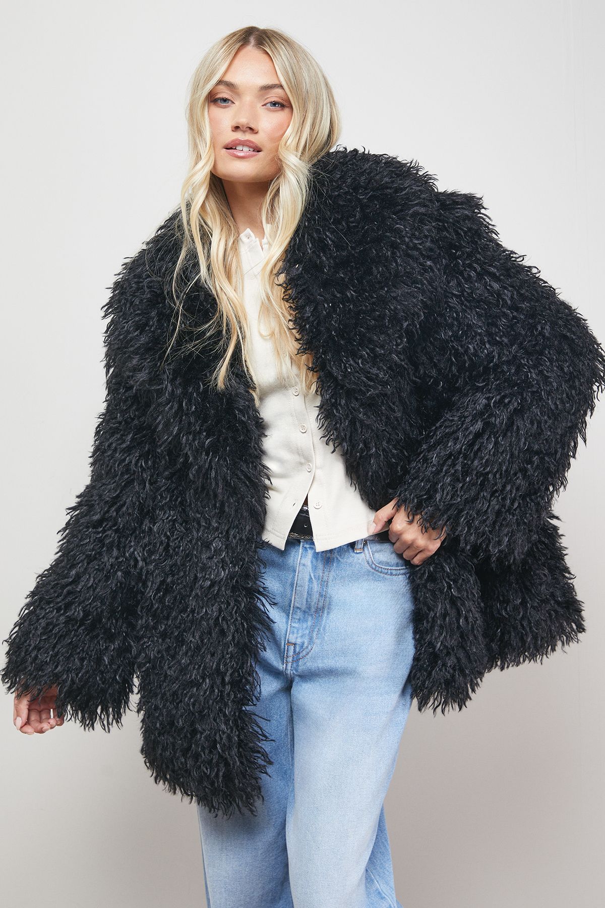 Oasis Mongolian Faux Fur Short Coat Black image 2