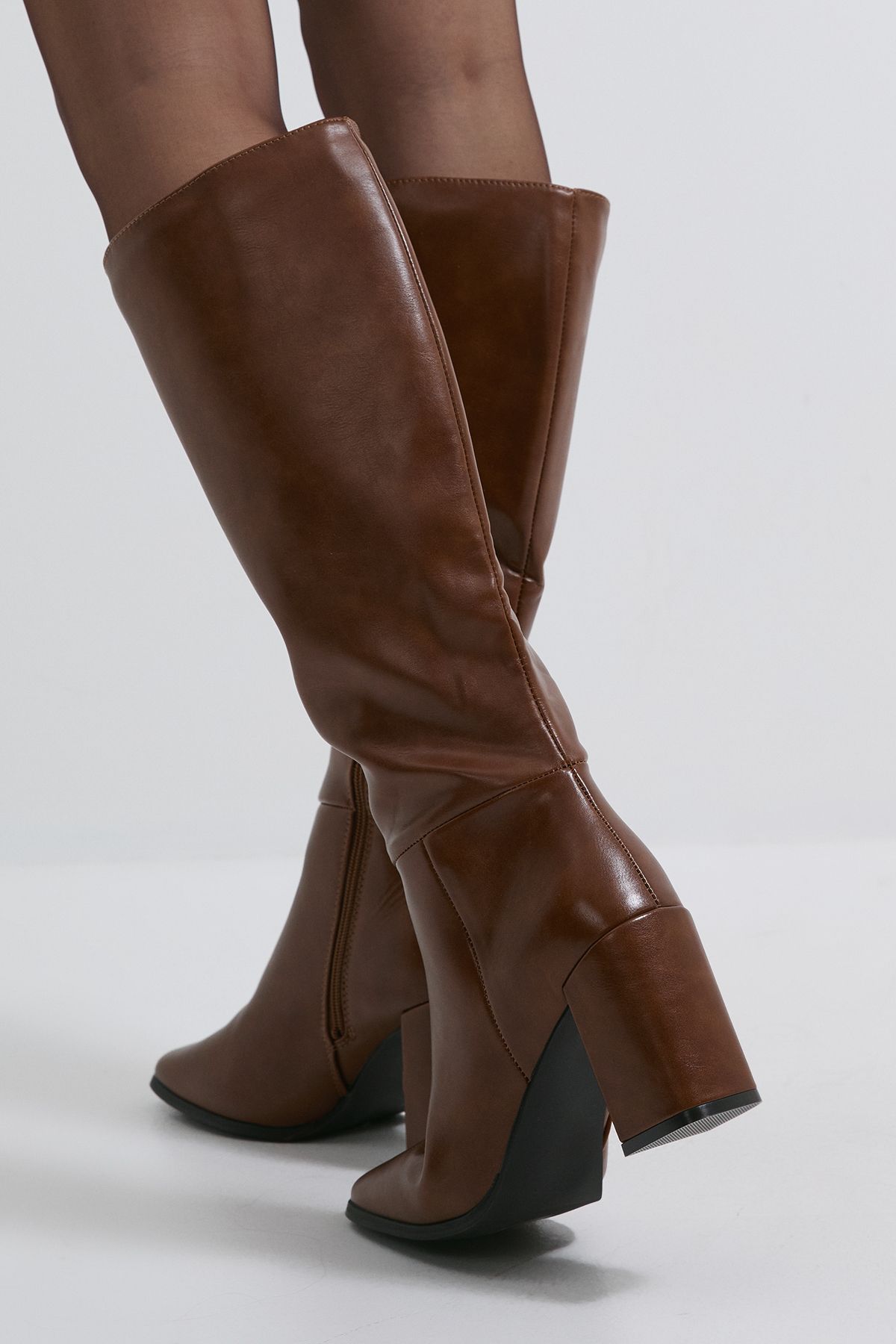 Dorothy Perkins Kristen Faux Leather Square Toe High Heel Knee Boots Dark Tan image 3