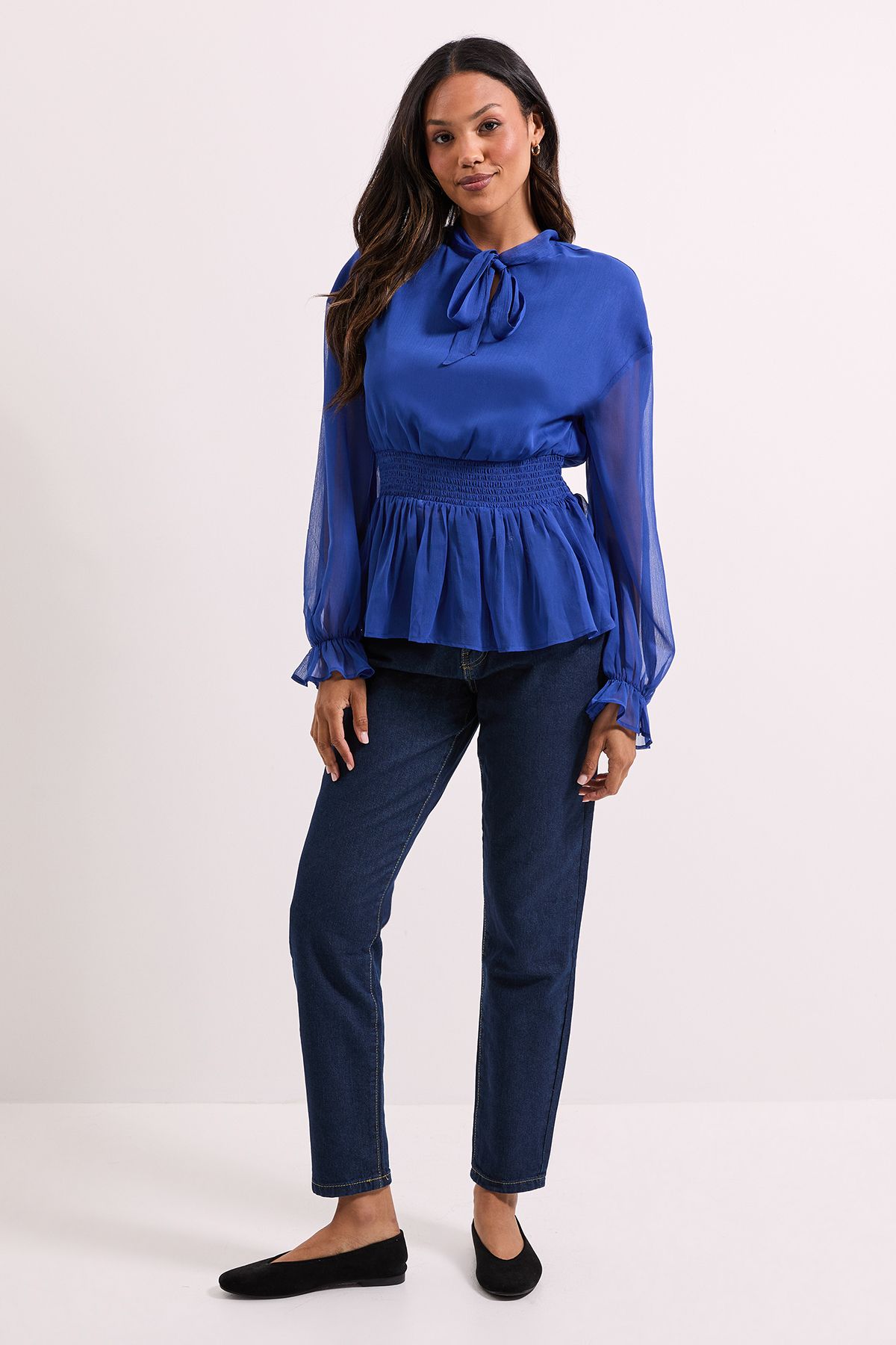 Dorothy Perkins Tie Neck Shirred Waist Boho Blouse Cobalt image 2
