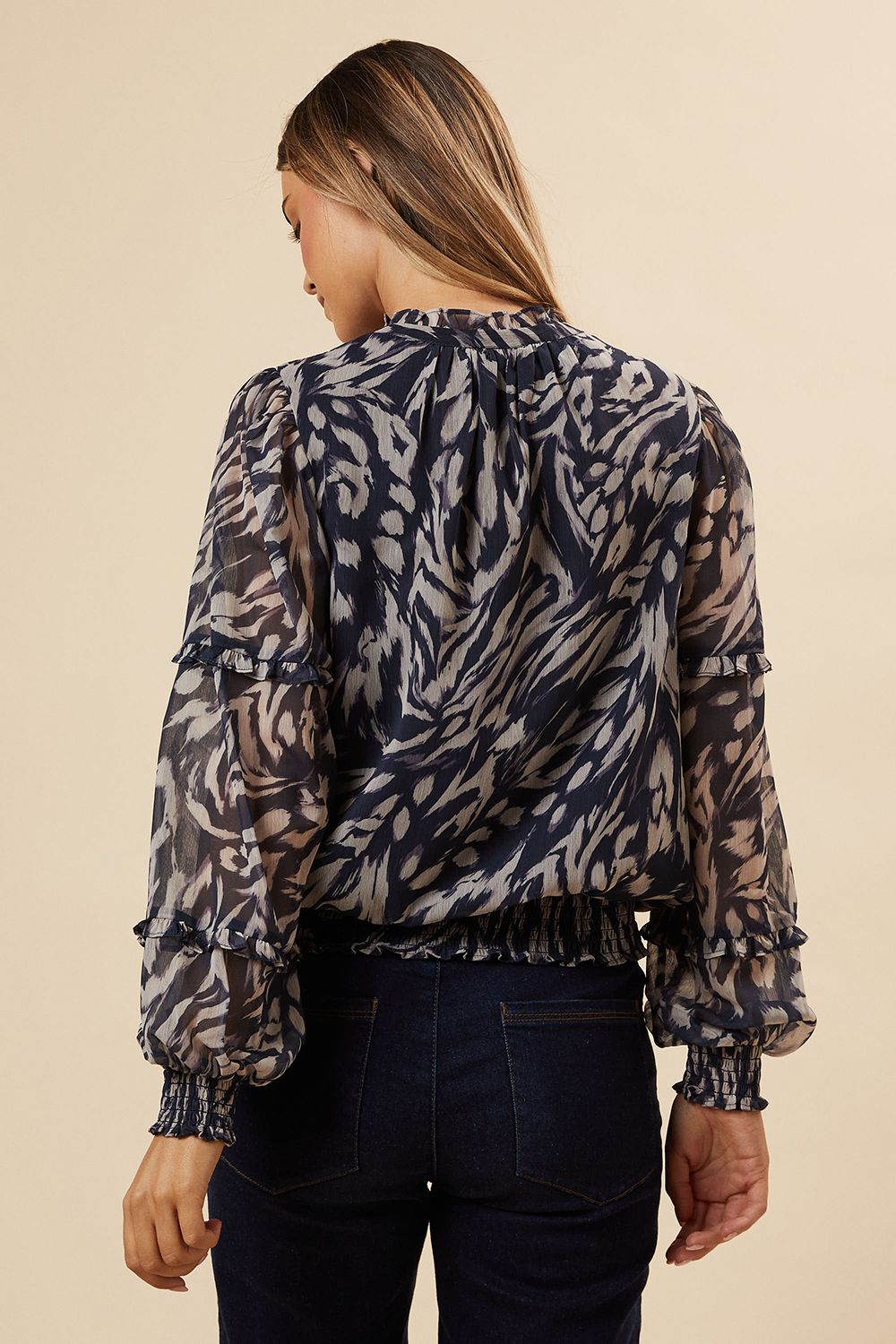 Dorothy Perkins Navy Animal Chiffon Ruffle Sleeve Shirred Hem Blouse Navy image 3