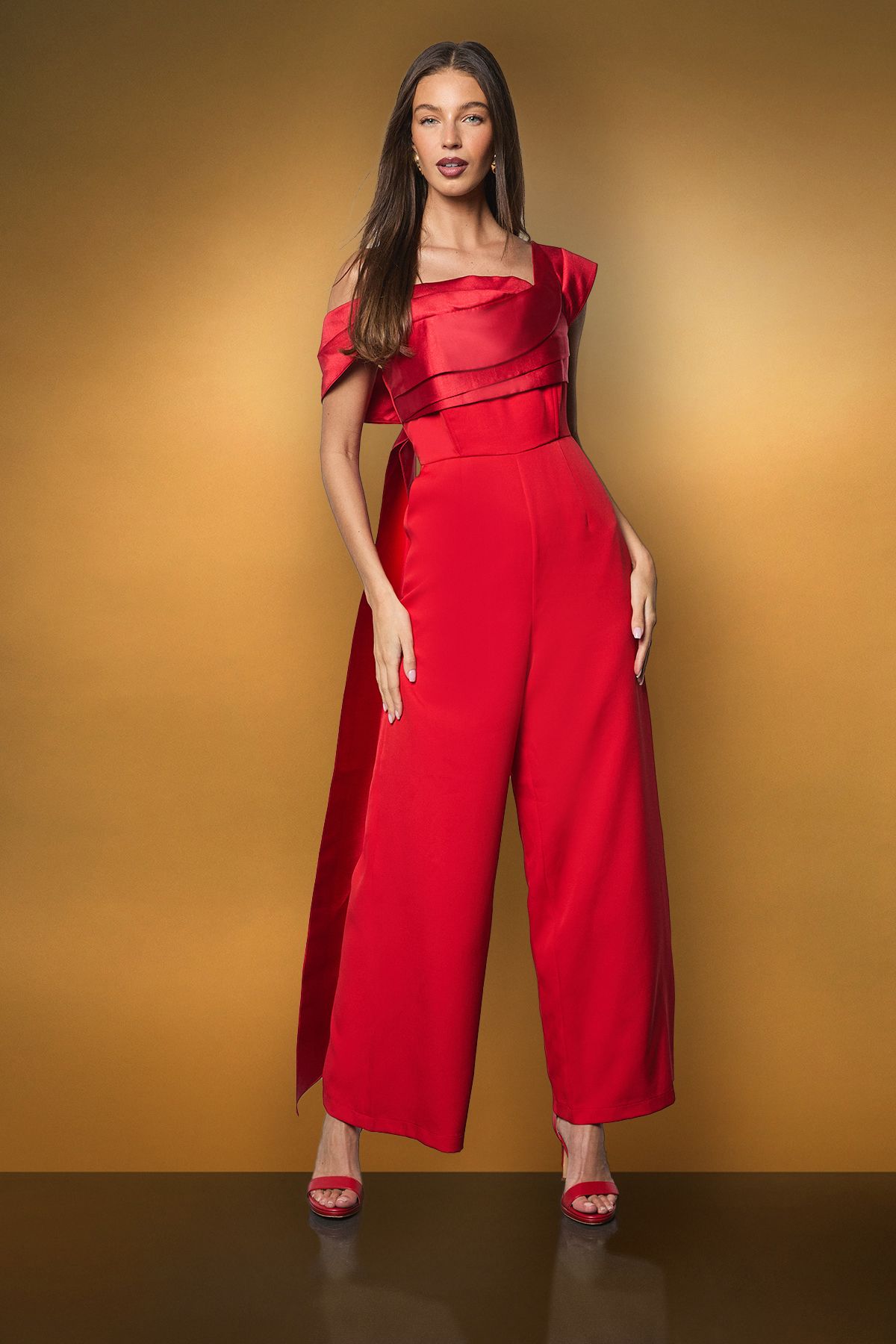 Coast Draped Bardot Contrast Twill Draped Jumpsuit Red image 1