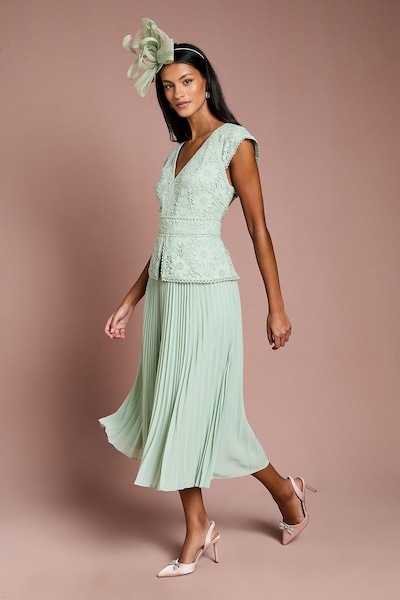 Coast Petite V Neck Lace Bodice Peplum Midi Dress Sage