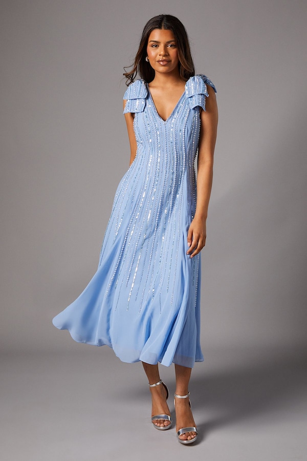 Coast Petite Bow Shoulder Embellished Midi Dress Cornflower Blue