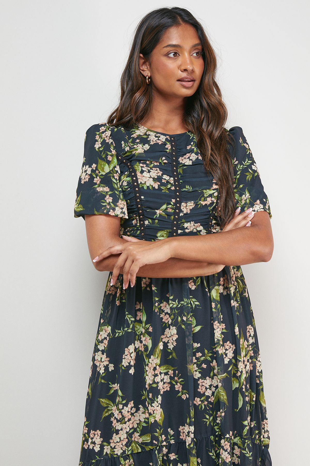 Oasis Printed Ruched Bodice Trim Detail High Low Hem Midi Dress Floral image 2