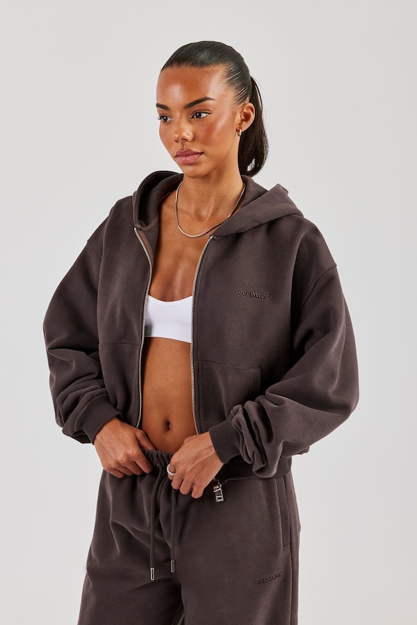 Cernucci Cropped Zip Through Hoodie - Coffee