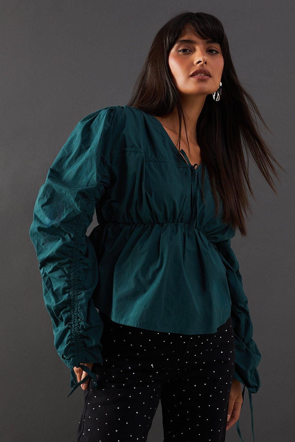 Warehouse Cotton Tie Front Volume Sleeve Blouse Dark Green image 4