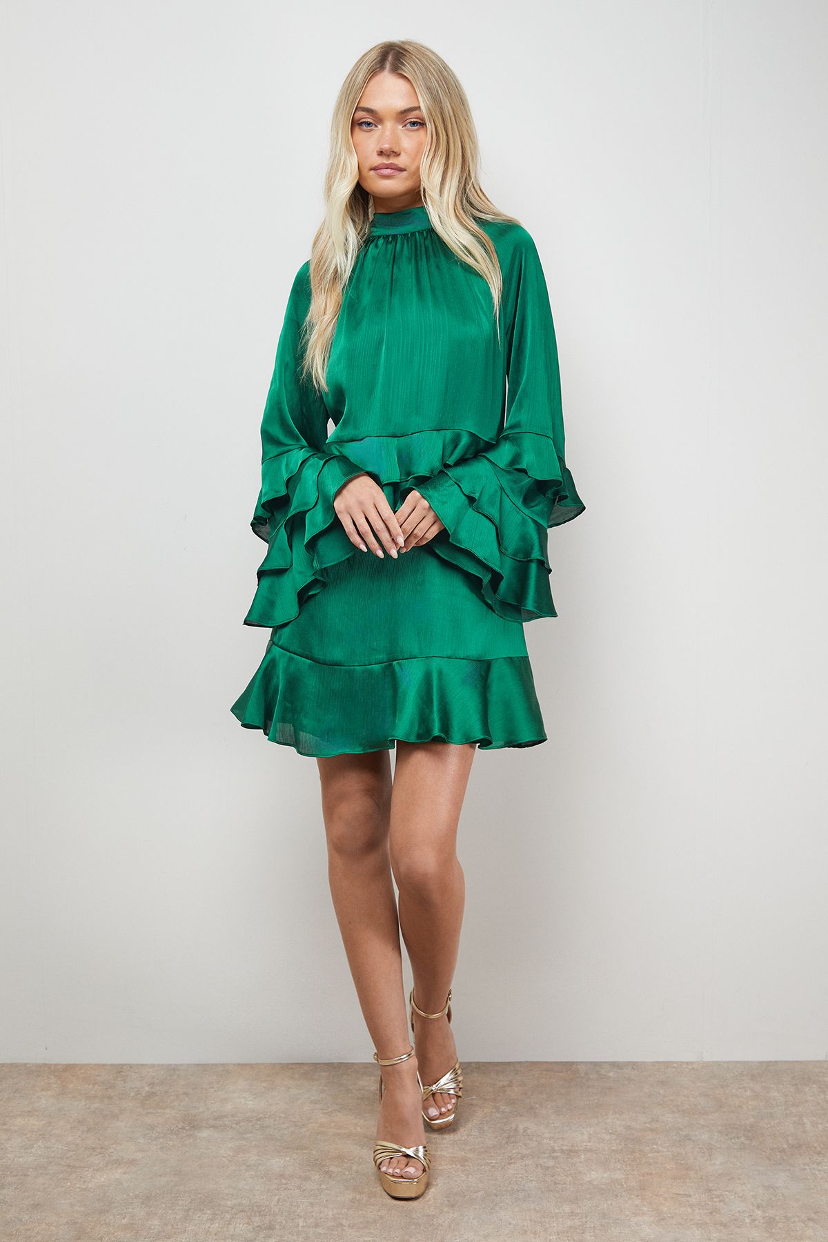 Oasis Layered Ruffle Sleeve Bow Back Mini Dress Forest image 1