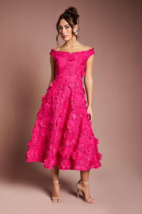 Coast 3d Floral Bardot Midi Dresss Hot Pink