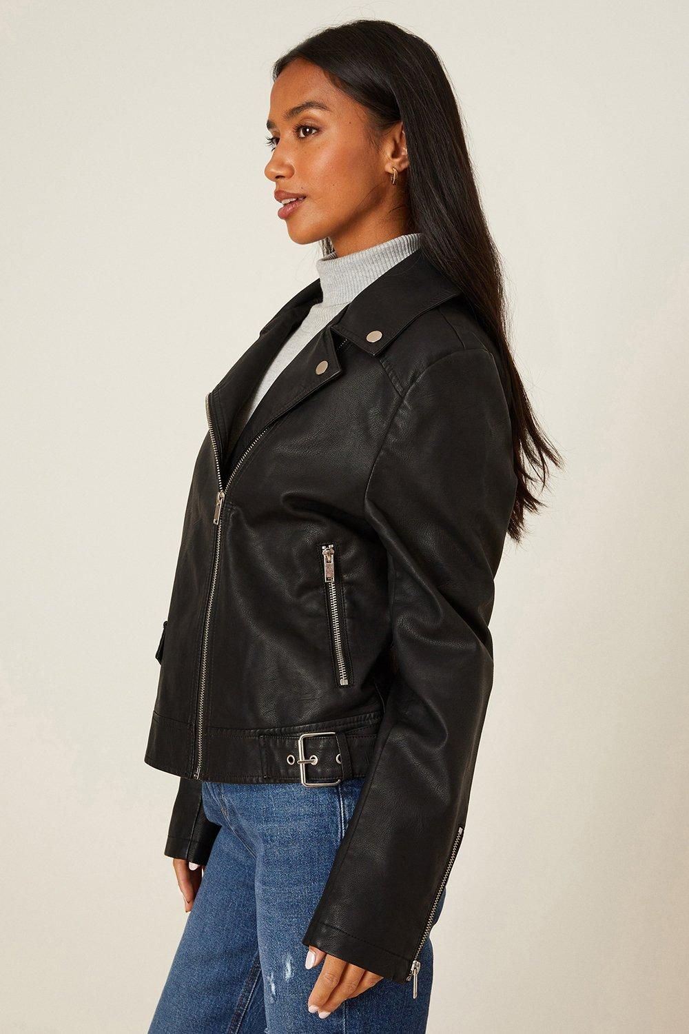 Dorothy Perkins Petite Faux Leather Biker Jacket Black image 6