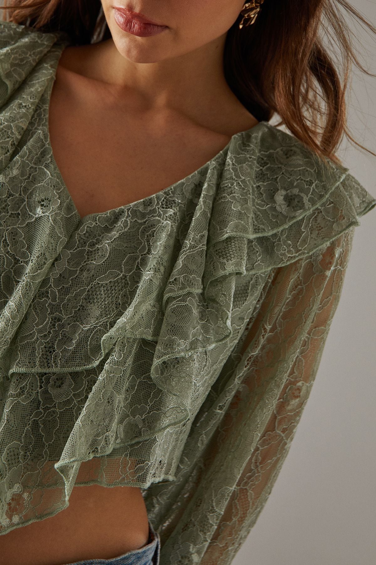 Warehouse Lace Double Ruffle Blouson Blouse Khaki image 5