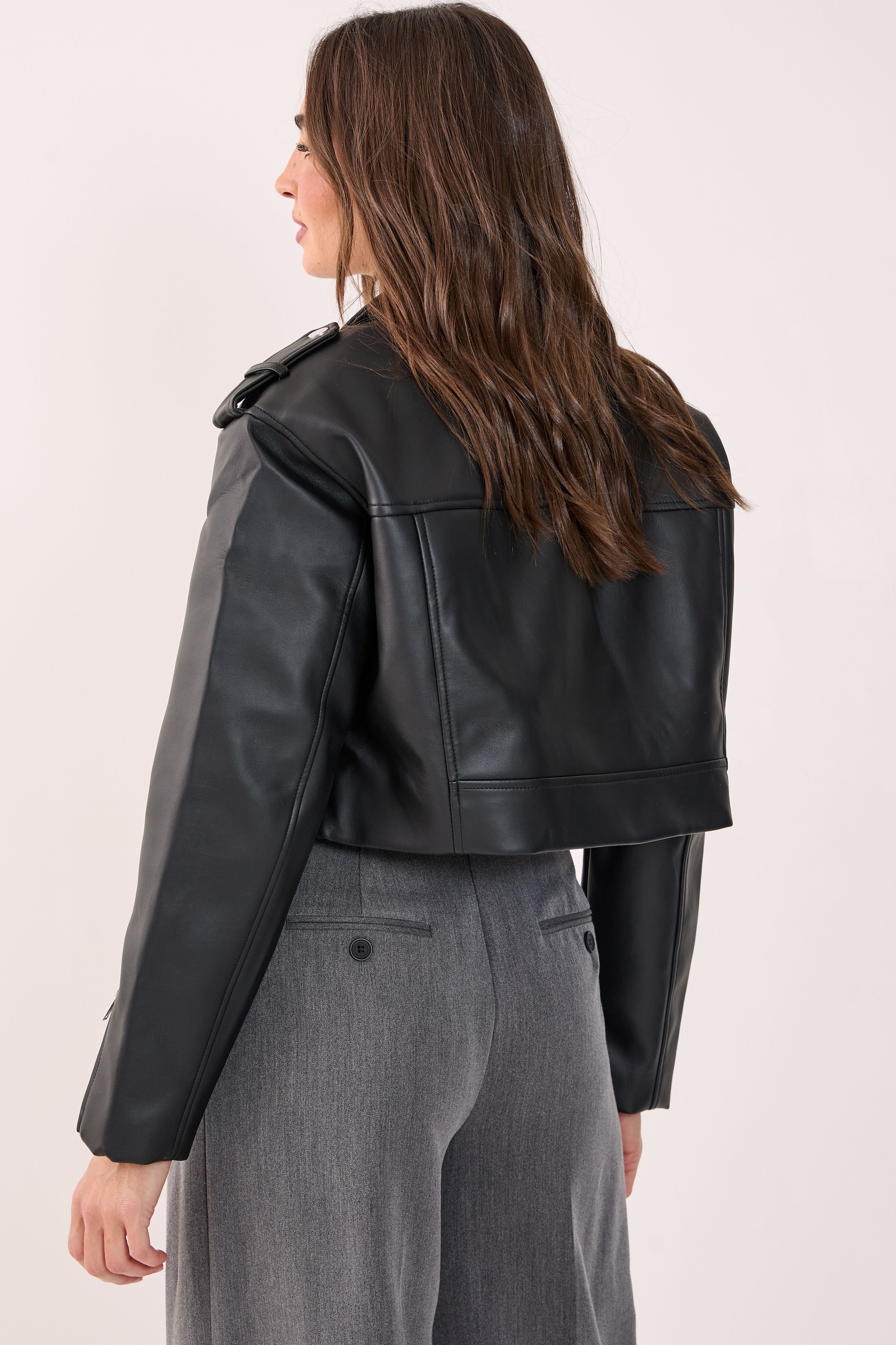 NastyGal Essentials Cropped Faux Leather Boxy Biker Black image 4