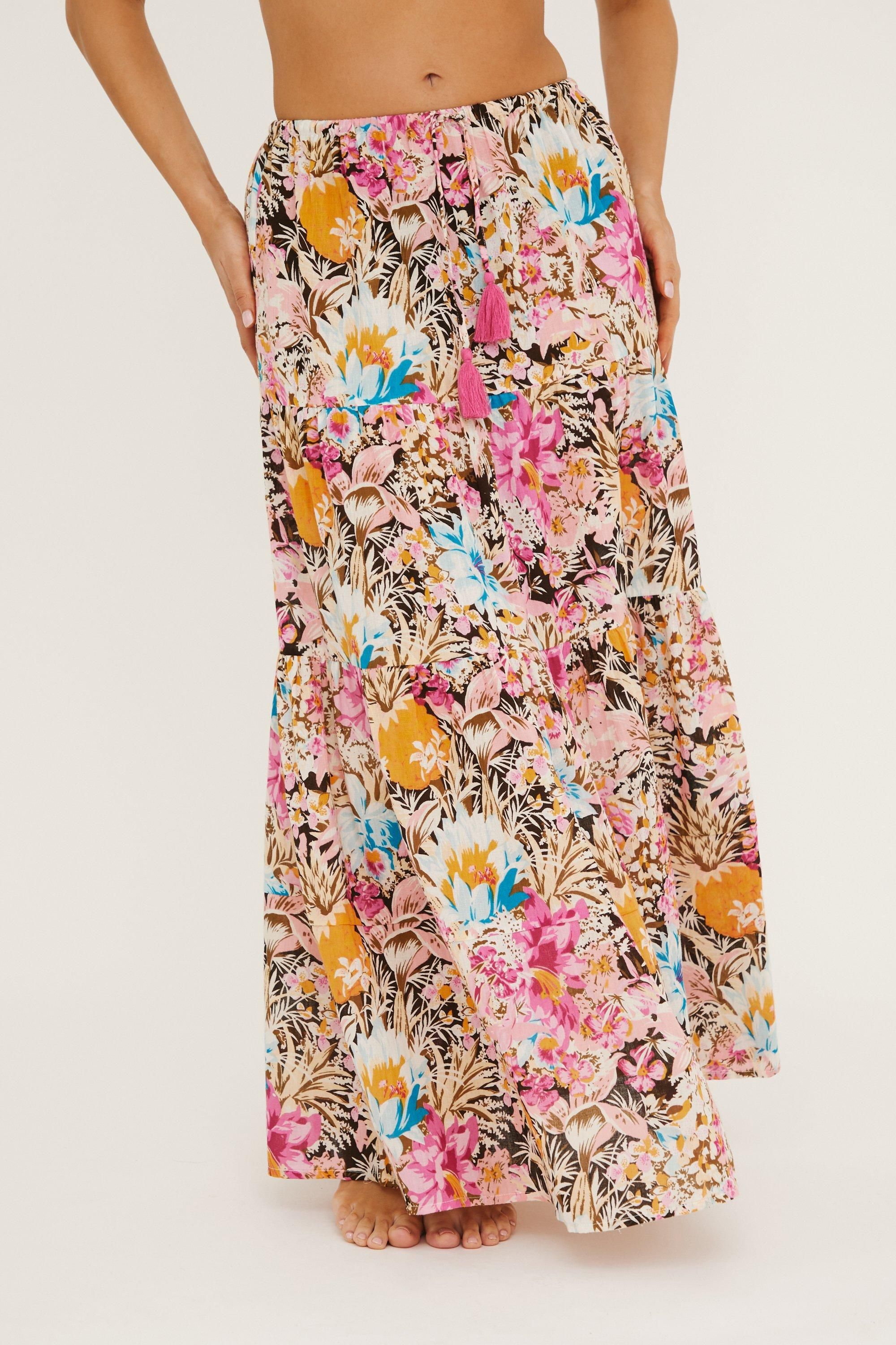 NastyGal Cotton Pineapple Low Rise Tassel Maxi Beach Skirt Pink image 3