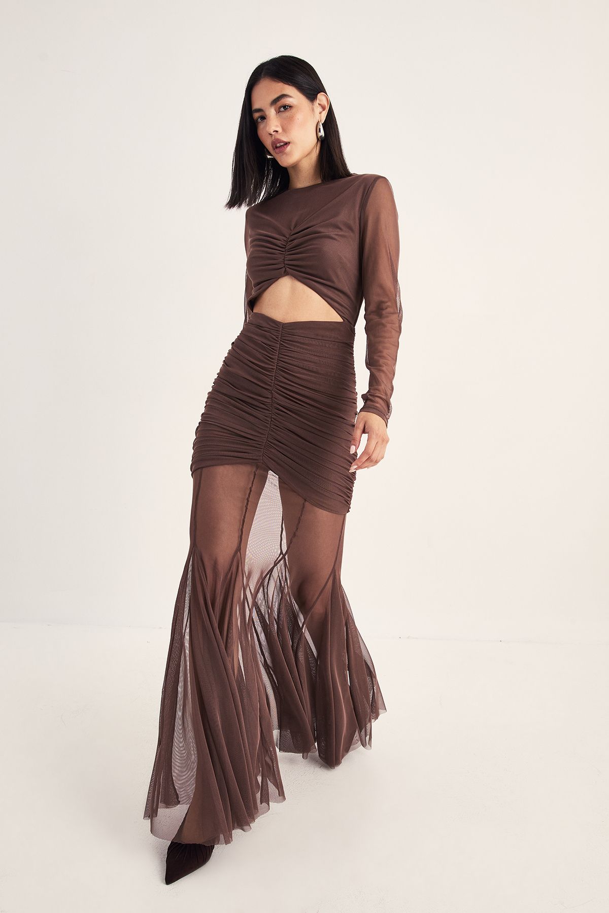 NastyGal Mesh Cut Out Maxi Dress Chocolate image 2