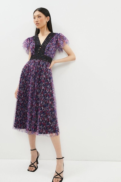 Coast Printed Pleated Mesh Tea Dress Multi