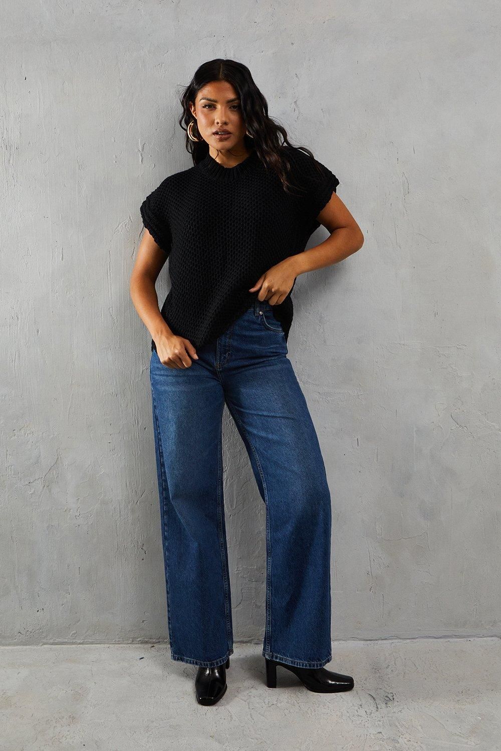 MissPap Knitted Cap Sleeve Dipped Hem Jumper Black image 2