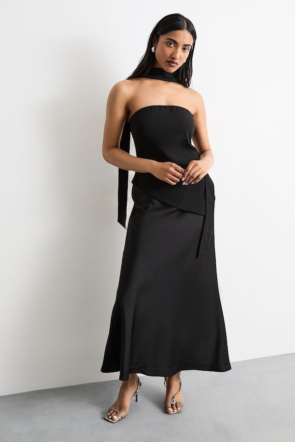 Warehouse Strapless Structured Bodice Satin Midi Dress Black