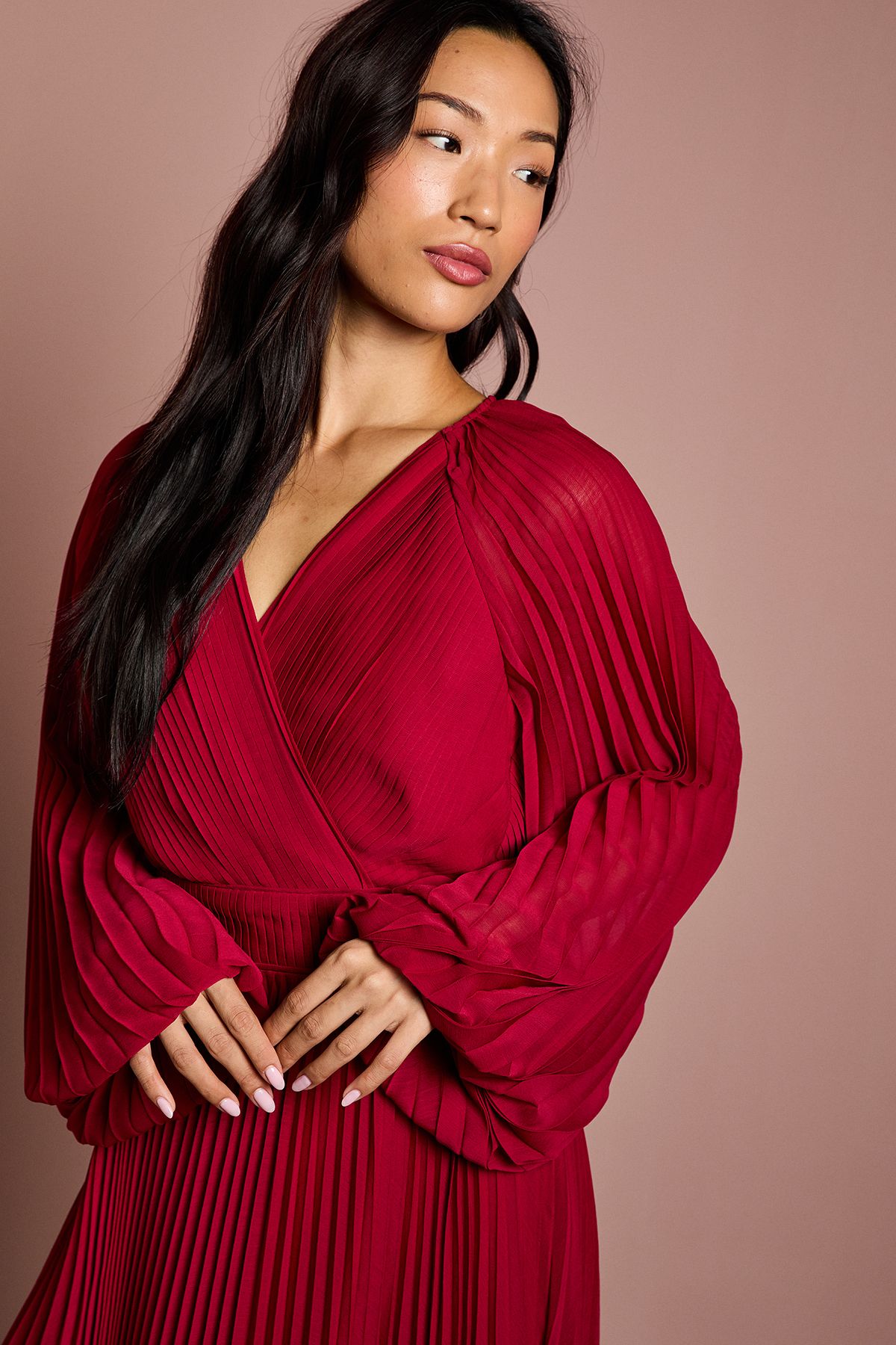 Coast Long Sleeve Chiffon Pleated Wrap Midi Dress Berry image 4