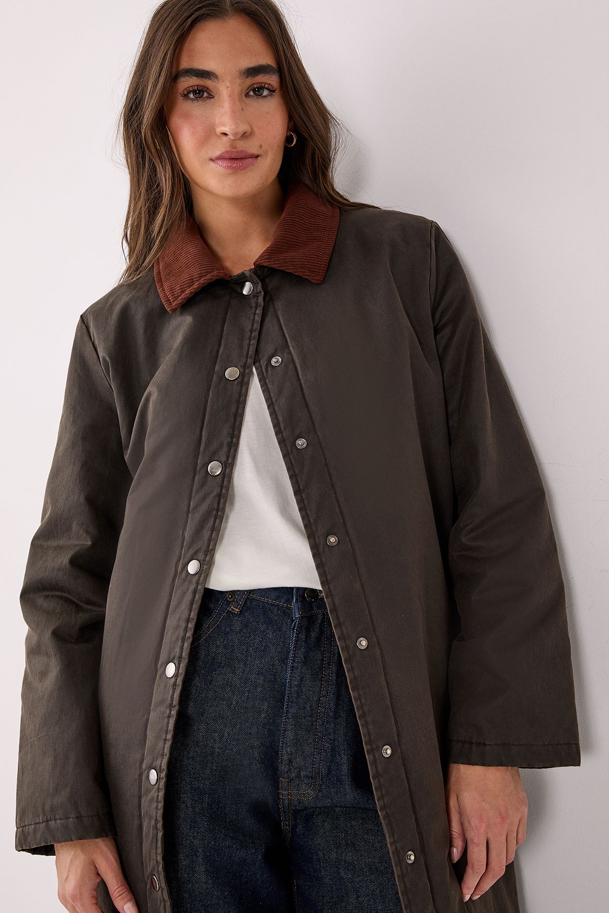 NastyGal Longline Cord Collar Wax Effect Coat Brown image 2