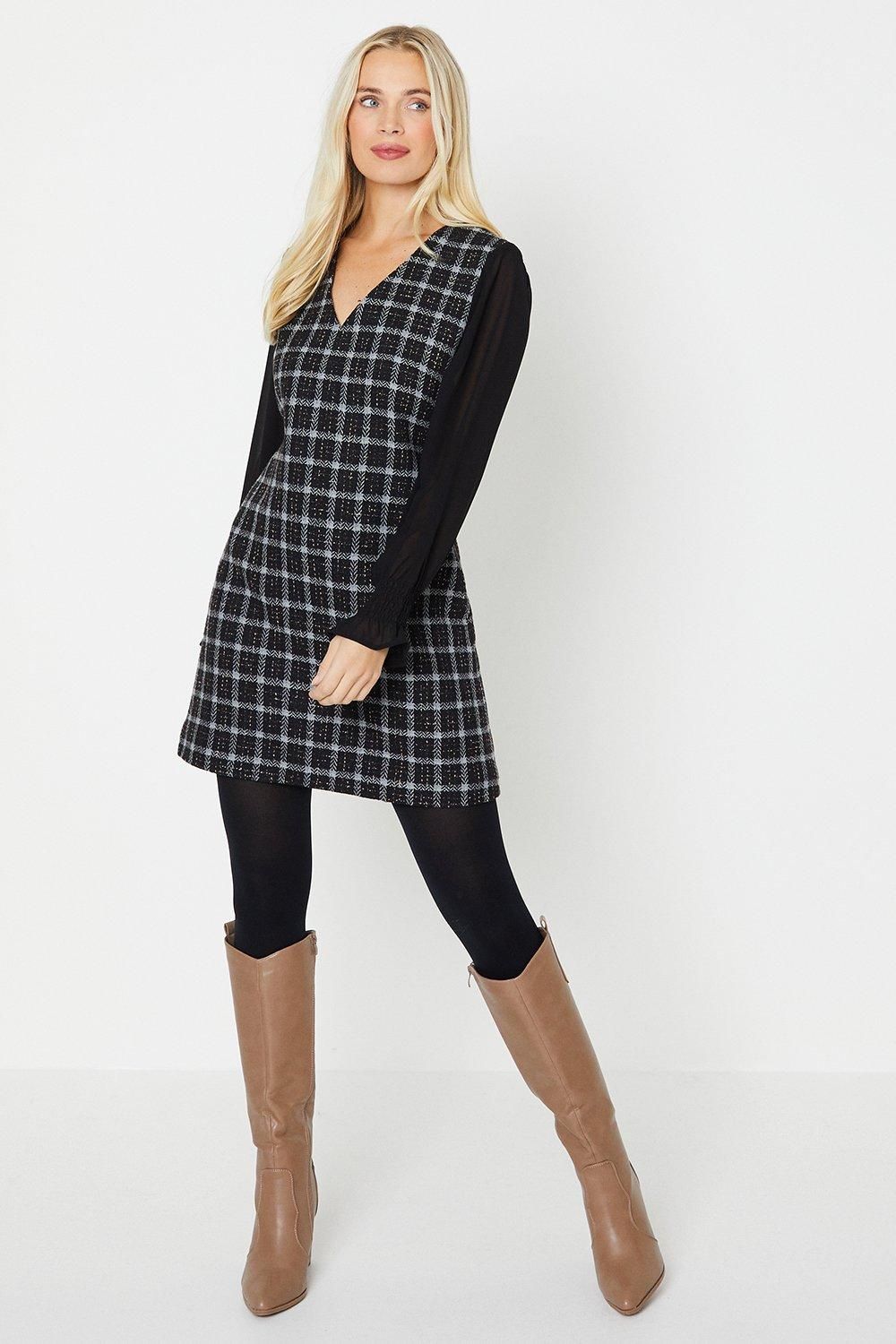 Oasis Petite Chiffon Sleeve Check Boucle Dress Black image 2