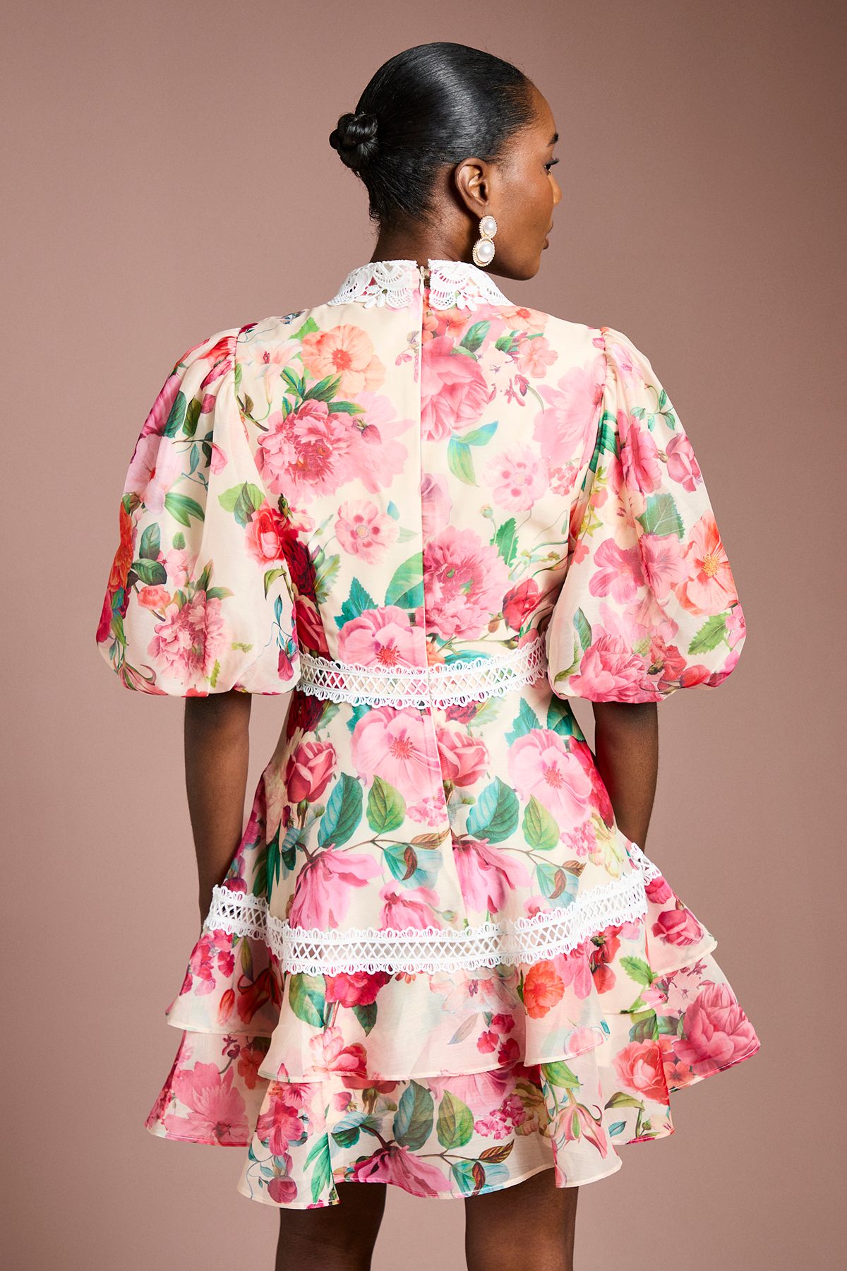 Coast Lace Trim Collared Printed Organza Mini Dress Ivory image 3