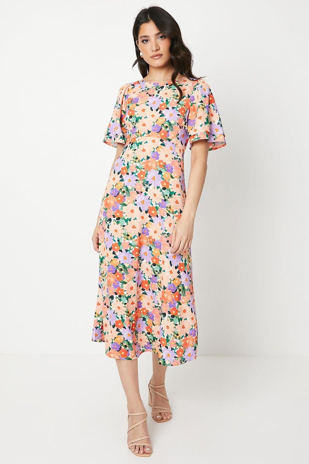 Dorothy Perkins Floral Angel Sleeve Bow Back Midi Dress Floral image 1