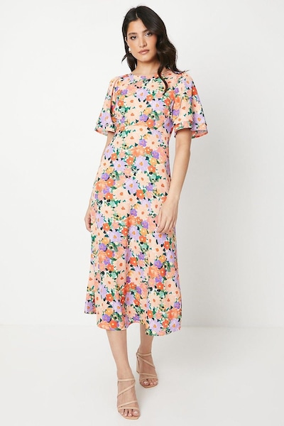Dorothy Perkins Floral Angel Sleeve Bow Back Midi Dress Floral