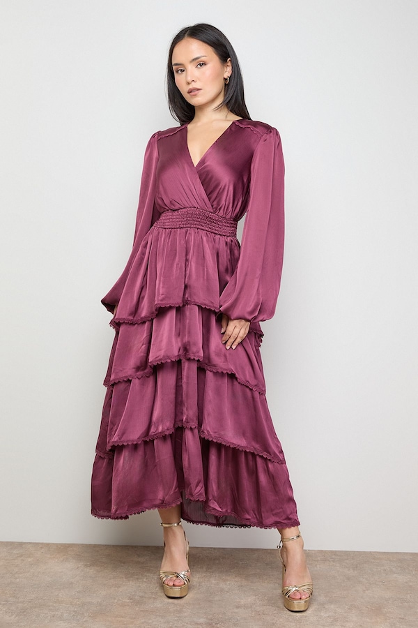 Oasis Petite Ruffle Tiered Balloon Sleeve High Low Hem Midi Dress Plum