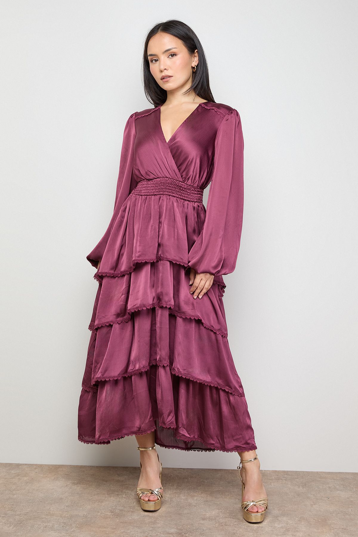 Oasis Petite Ruffle Tiered Balloon Sleeve High Low Hem Midi Dress Plum