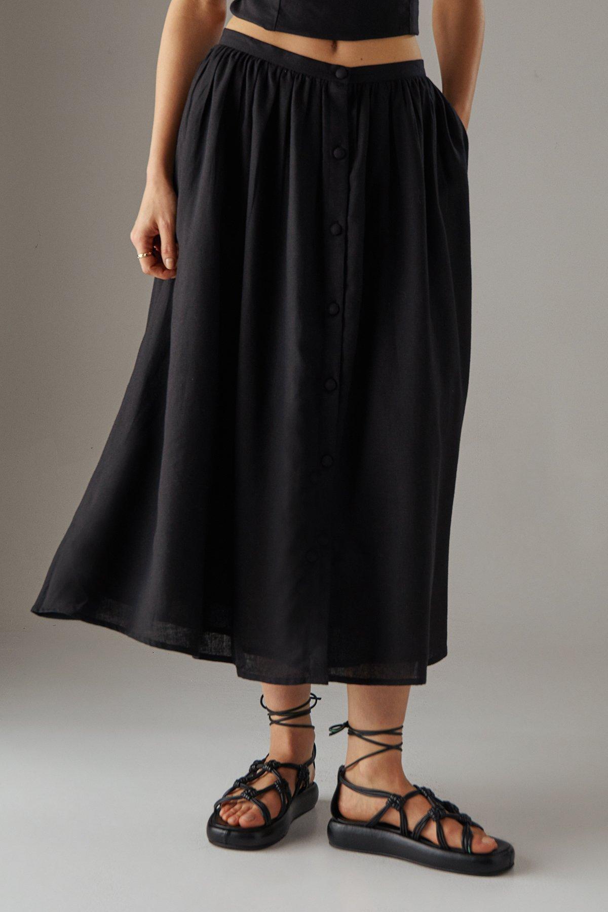 Warehouse Premium Linen Blend Drop Waist Button Through Maxi Skirt Black image 1