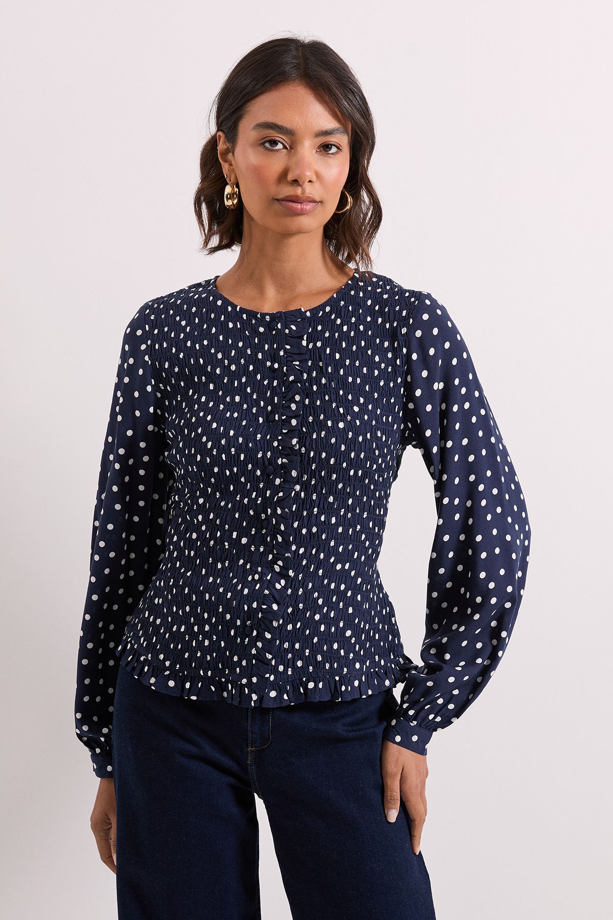Dorothy Perkins Navy Spot Shirred Bodice Button Through Top Navy image 1