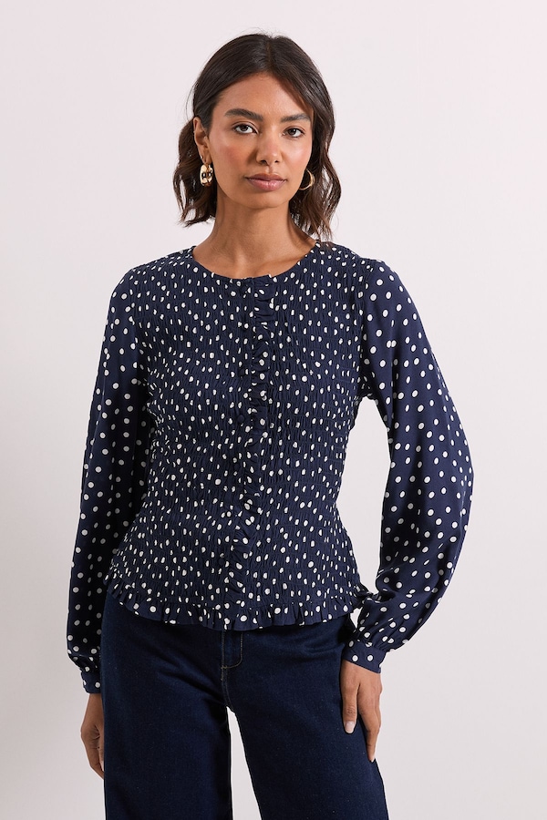 Dorothy Perkins Navy Spot Shirred Bodice Button Through Top Navy