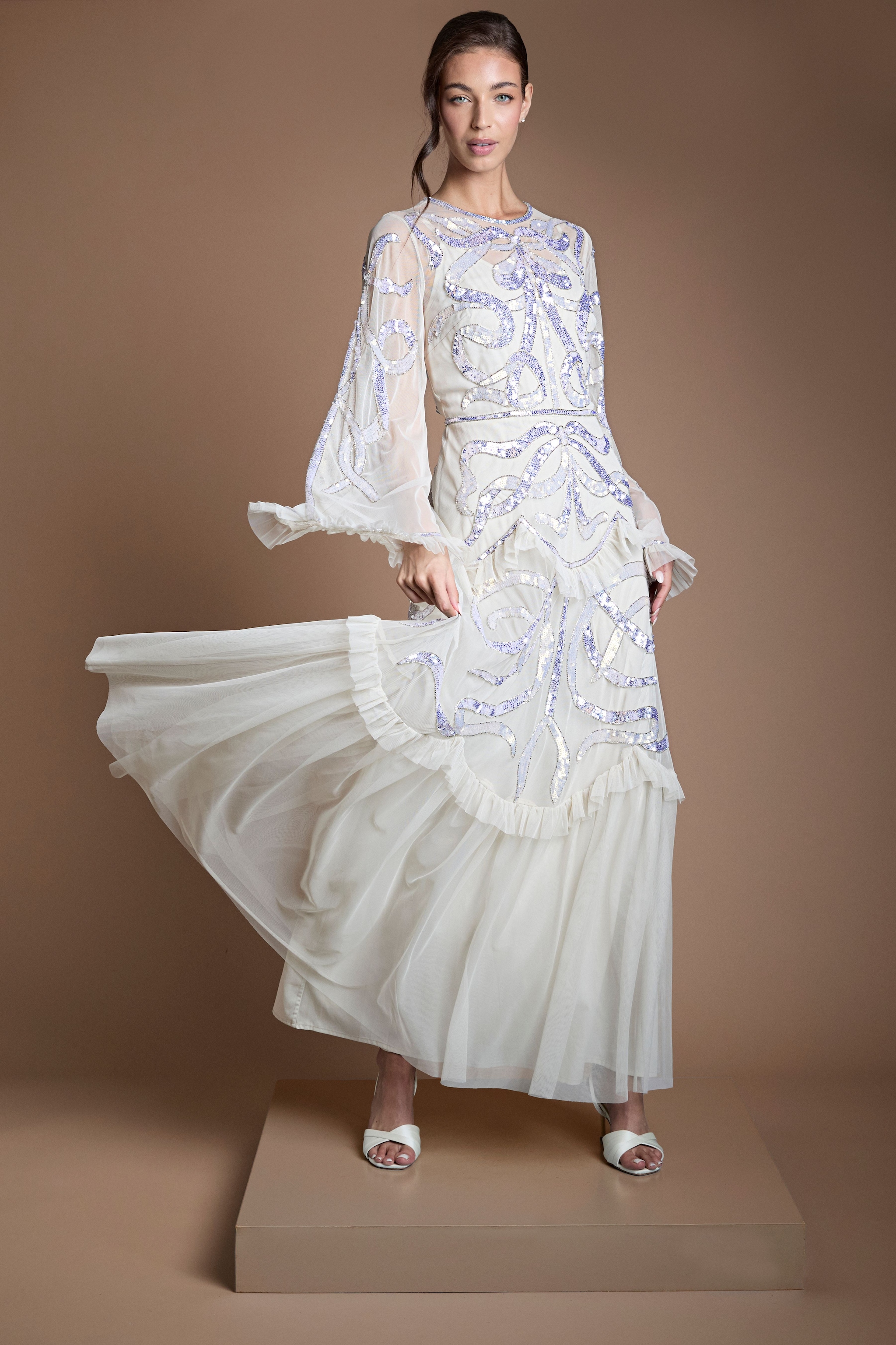 Coast Ruffle Hem Tiered Sequin Long Sleeve Wedding Dress Ecru