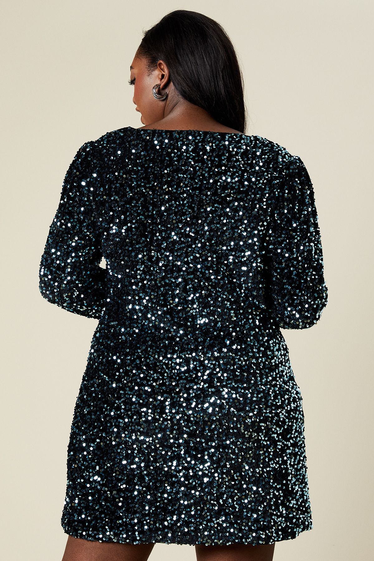 Dorothy Perkins Curve Lace Trim Velvet Sequin Mini Dress Teal image 3