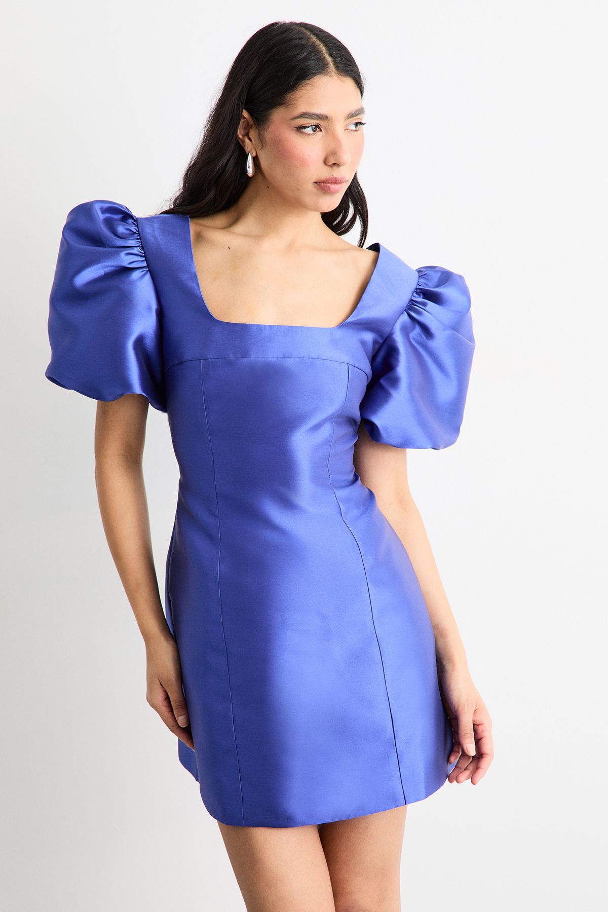 Warehouse Puff Sleeve A-Line Mini Dress Blue