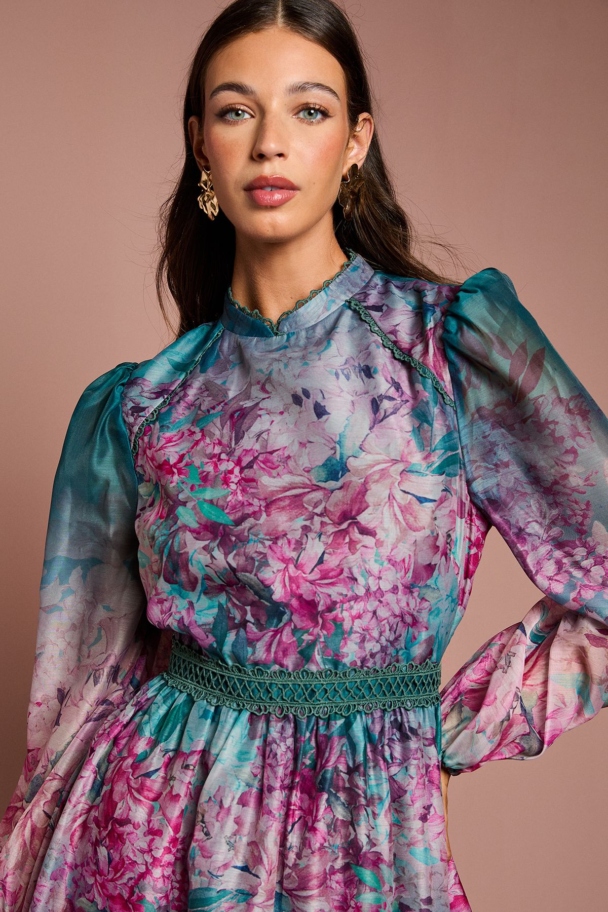 Coast Long Sleeve Organza Mini Dress With Floral Print Teal image 3