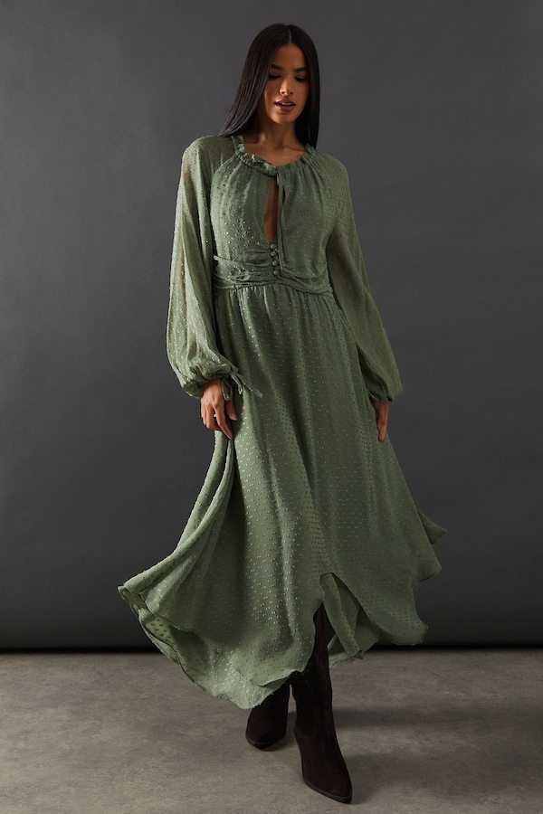 Warehouse Tufted Dobby Chiffon Button Front Tie Neck Hanky Hem Midi Dress Khaki