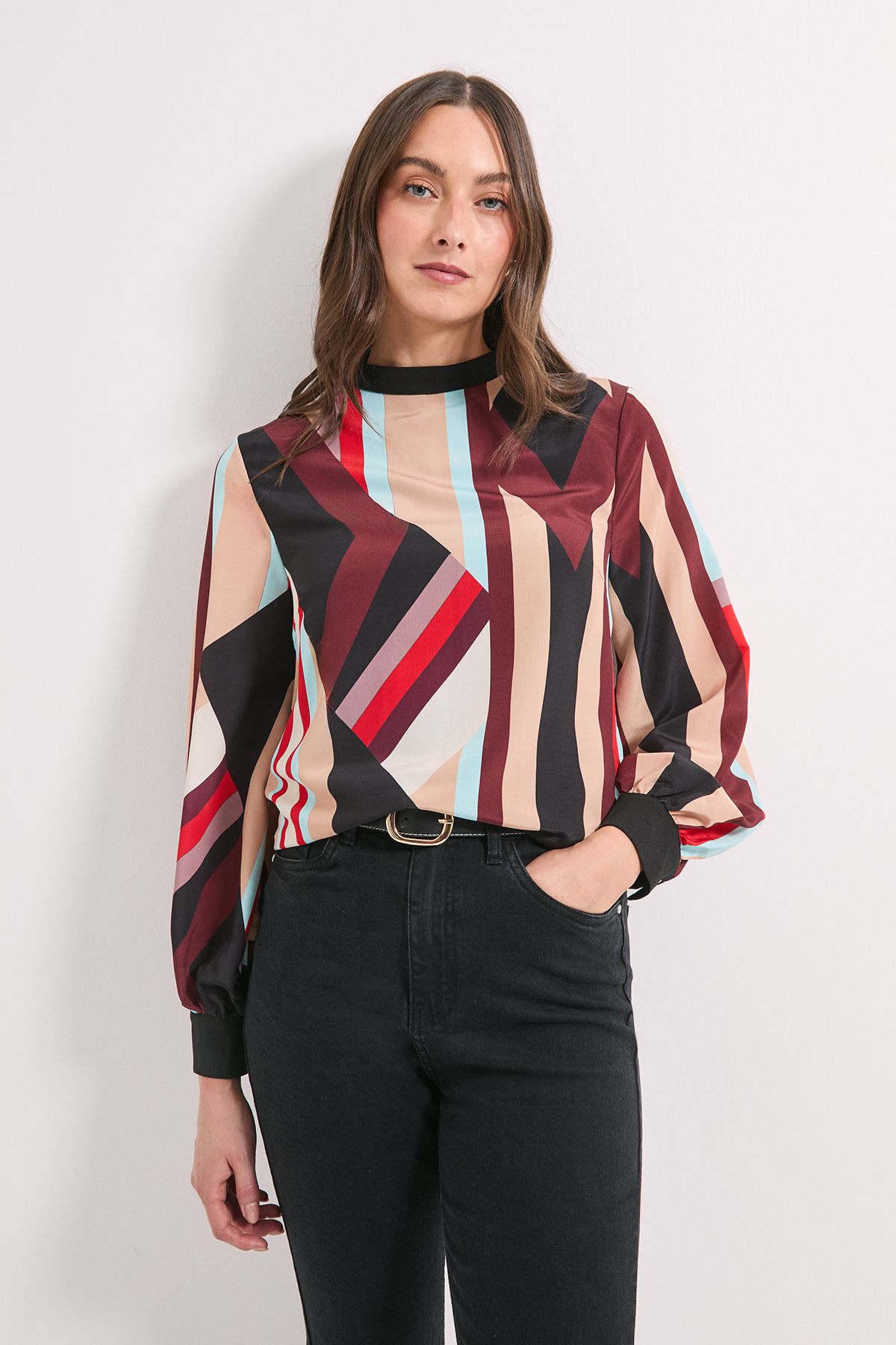 Principles Brown Print High Neck Tie Back Volume Blouse Brown image 4