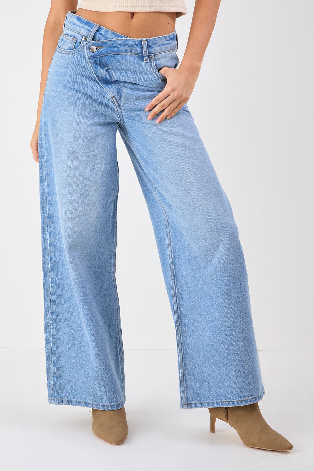 MissPap Asymmetric Waist Denim Wide Leg Jean Grey image 2